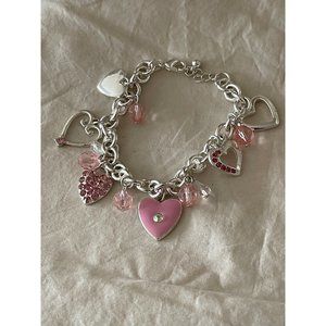 Silver Tone Rhinestone Pink Resin Hearts Chain Link Charm Bracelet